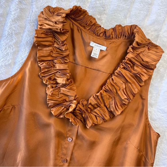 J CREW burnt orange sleeveless silk top with pleated bubble ruffle trim - Picture 5 of 5